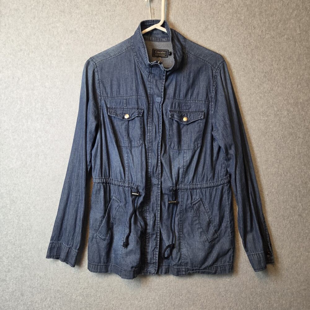 Cavalini Denim Collection Cotton Blue LS Cinch Zip Snap Utility Jacket Womens L